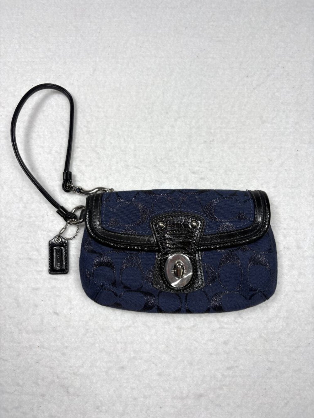 Coach Legacy Navy Blue Signature Jacquard Turnlock Wristlet Clutch Black Trim